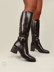 Simmi London Brown Romee Knee High Gold Detail Block Heeled Boots - Image 1 of 4