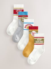 Ecru/Mustard/Red Retro Slogan Print Rich Socks 5 Pack - Image 1 of 9