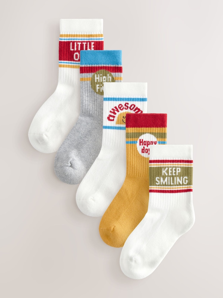 Ecru/Mustard/Red Retro Slogan Print Rich Socks 5 Pack - Image 1 of 9