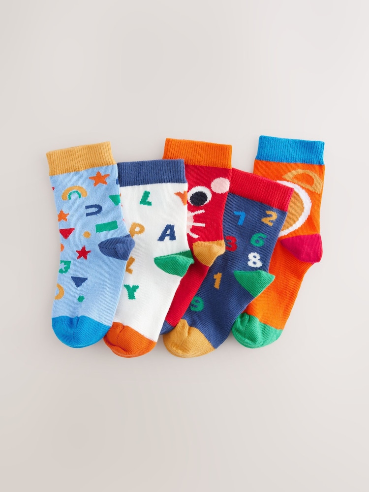 Blau/Ecru/Rot mit Alphabet für jüngere Kinder - Print-Socken im 5er-Pack - Bild 1 von 1