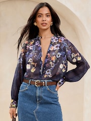 Lipsy Navy Floral Long Sleeve Grandad Blouse - Image 1 of 4