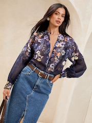 Lipsy Navy Floral Long Sleeve Grandad Blouse - Image 2 of 4