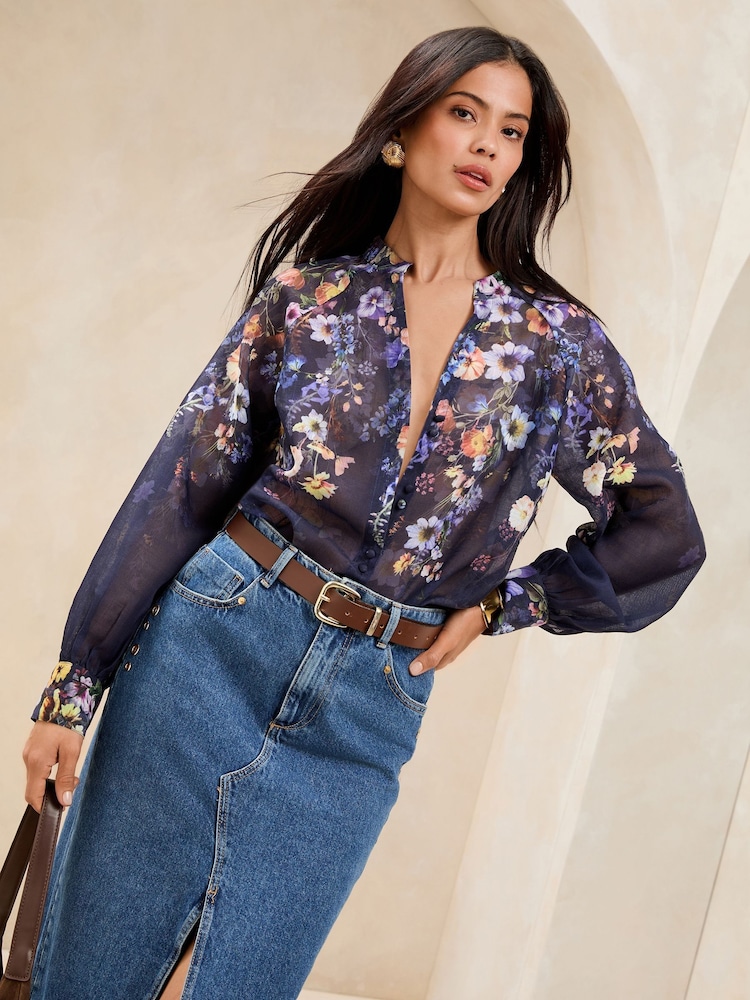 Lipsy Navy Floral Long Sleeve Grandad Blouse - Image 2 of 4