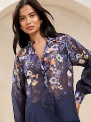 Lipsy Navy Floral Long Sleeve Grandad Blouse - Image 3 of 4