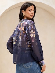 Lipsy Navy Floral Long Sleeve Grandad Blouse - Image 4 of 4