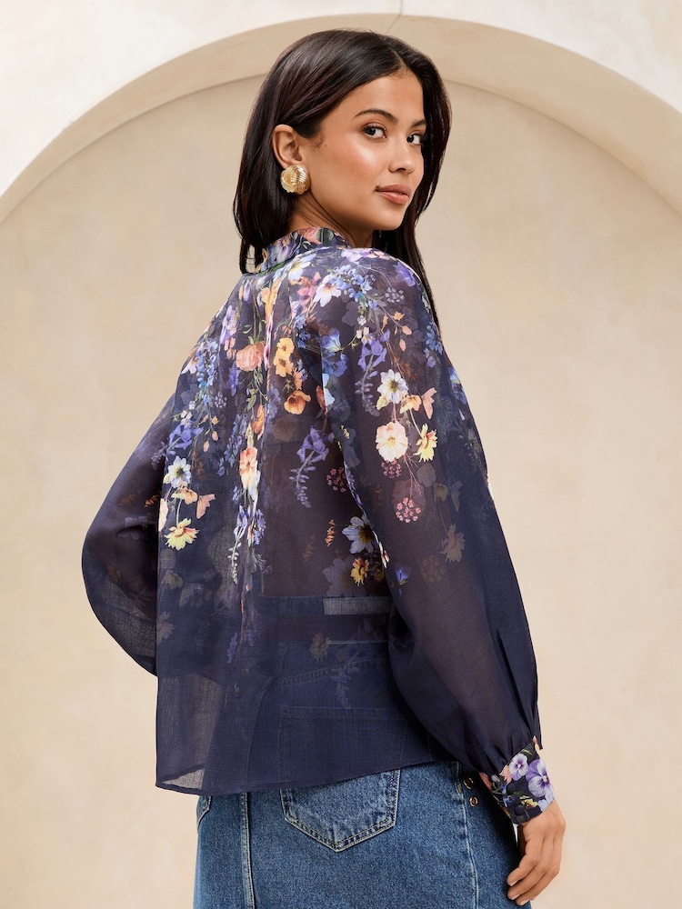 Lipsy Navy Floral Long Sleeve Grandad Blouse - Image 4 of 4