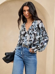 Lipsy Black Satin Burnout Floral Ruffle Blouse - Image 1 of 4