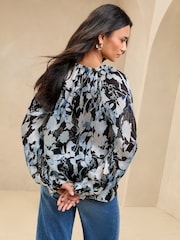 Lipsy Black Satin Burnout Floral Ruffle Blouse - Image 4 of 4