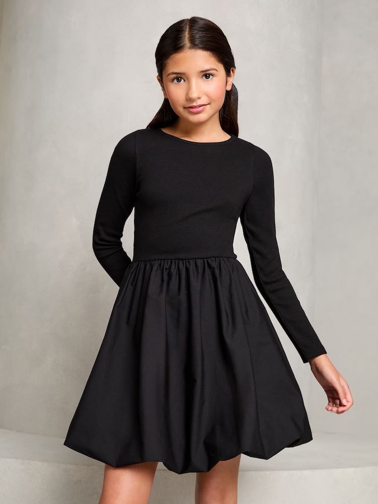 Lipsy Black Bubble Hem Long Sleeve Dress (5-16yrs) - Image 1 of 4