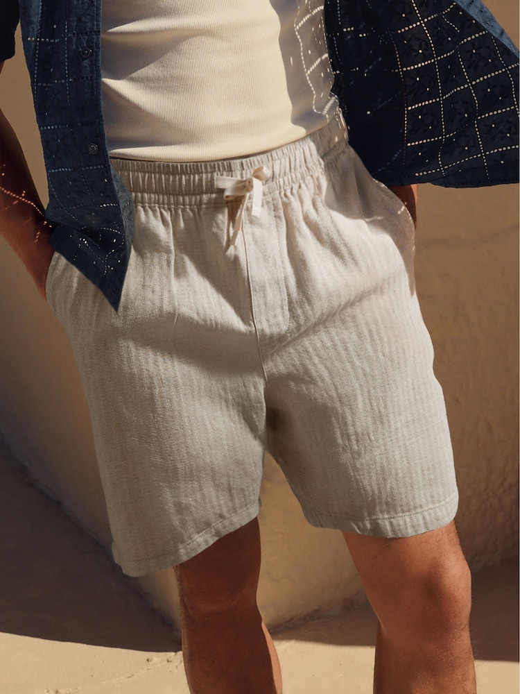 Neutral Cotton Linen Blend Drawstring Waist Shorts - Image 1 of 9