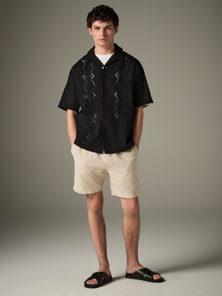 Neutral Cotton Linen Blend Drawstring Waist Shorts - Image 2 of 9