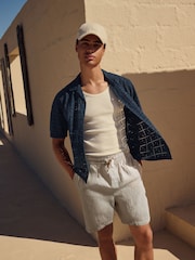 Neutral Cotton Linen Blend Drawstring Waist Shorts - Image 3 of 9
