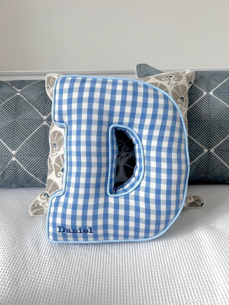 Embroidered Letter Cushion in Blue Gingham by Jonnys Sister - Image 1 of 4