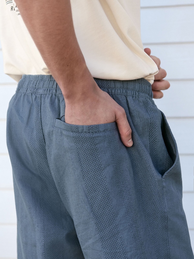 Blue 100% Cotton Textured Stripe Drawstring Waist Shorts - Image 3 of 10