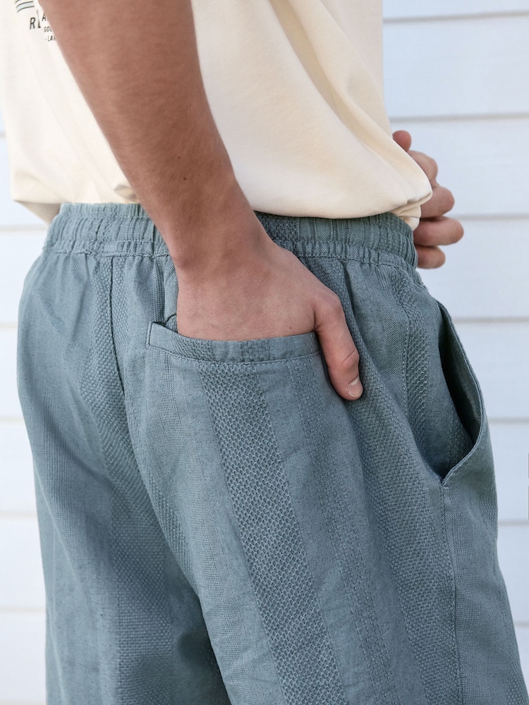 Blue 100% Cotton Textured Stripe Drawstring Waist Shorts - Image 4 of 10