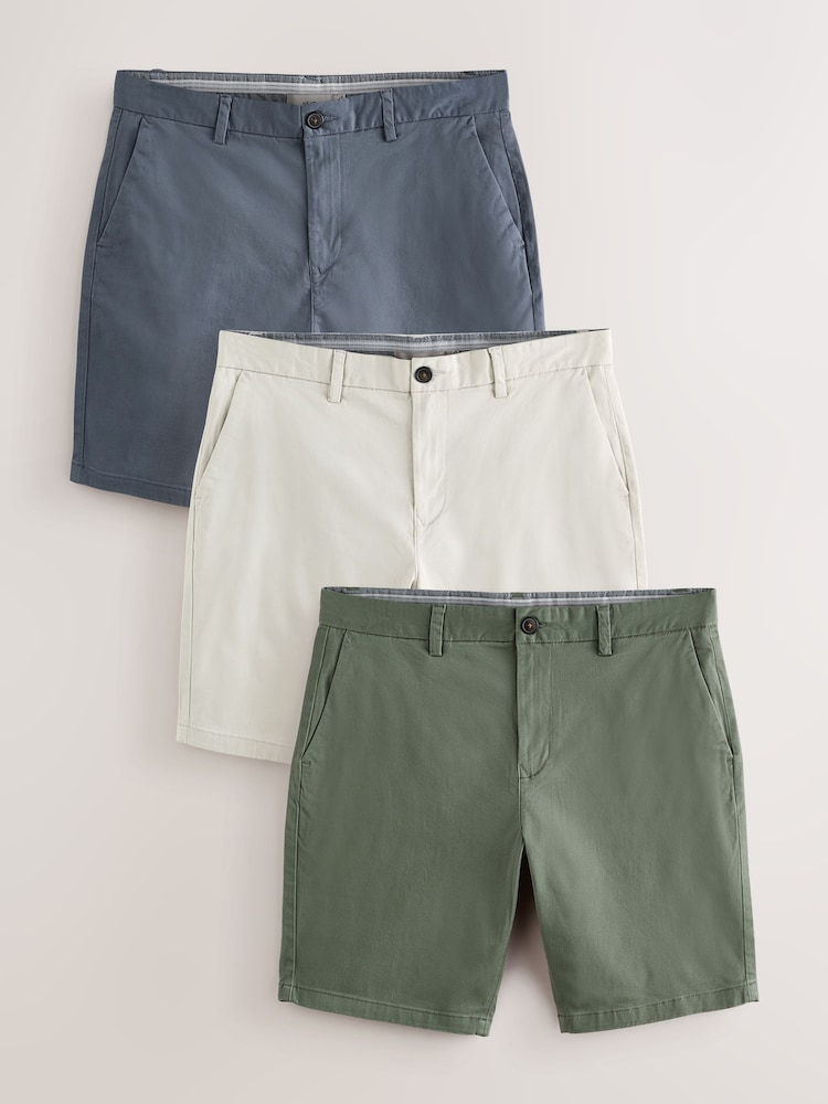 Blue/Bone/Sage Slim Fit Stretch Chinos Shorts 3 Pack - Image 1 of 9