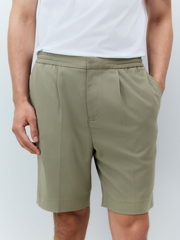 Khaki Elasticated Waist Pleat Chino Shorts - Image 1 of 8