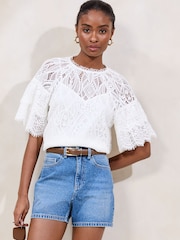 Lipsy White Lace Flutter Sleeve T-Shirt - Image 2 of 4