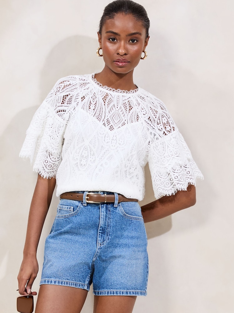 Lipsy White Lace Flutter Sleeve T-Shirt - Image 2 of 4