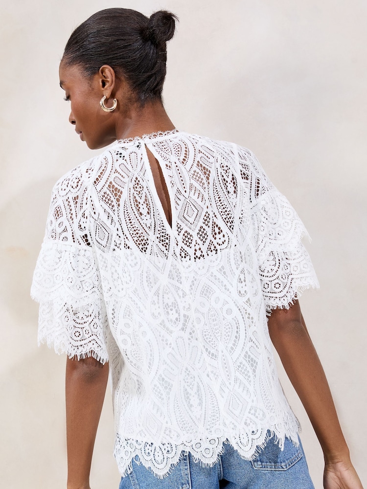 Lipsy White Lace Flutter Sleeve T-Shirt - Image 4 of 4