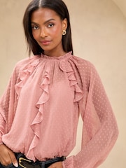Lipsy Pink Ruffle Trim Dobby Fabric Blouse - Image 2 of 4