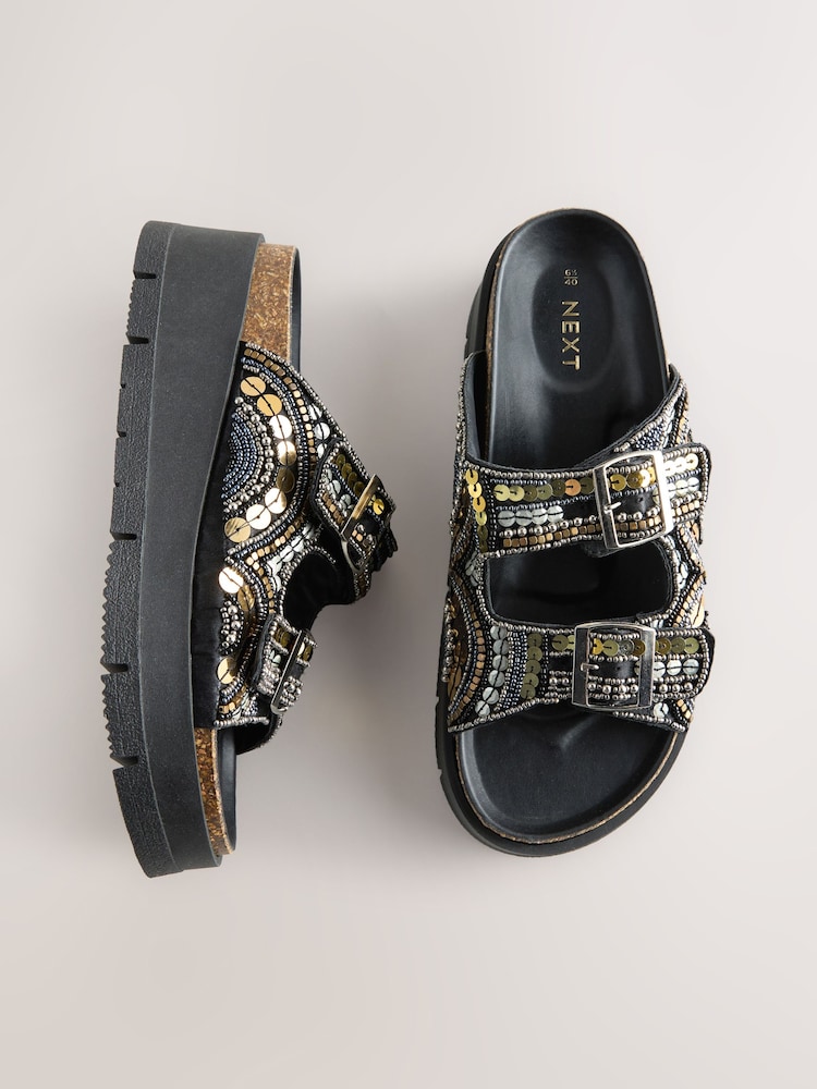 Gold Forever Comfort® Beaded Platform Buckle Detail Footbed Wedge Shoes - Image 1 of 9