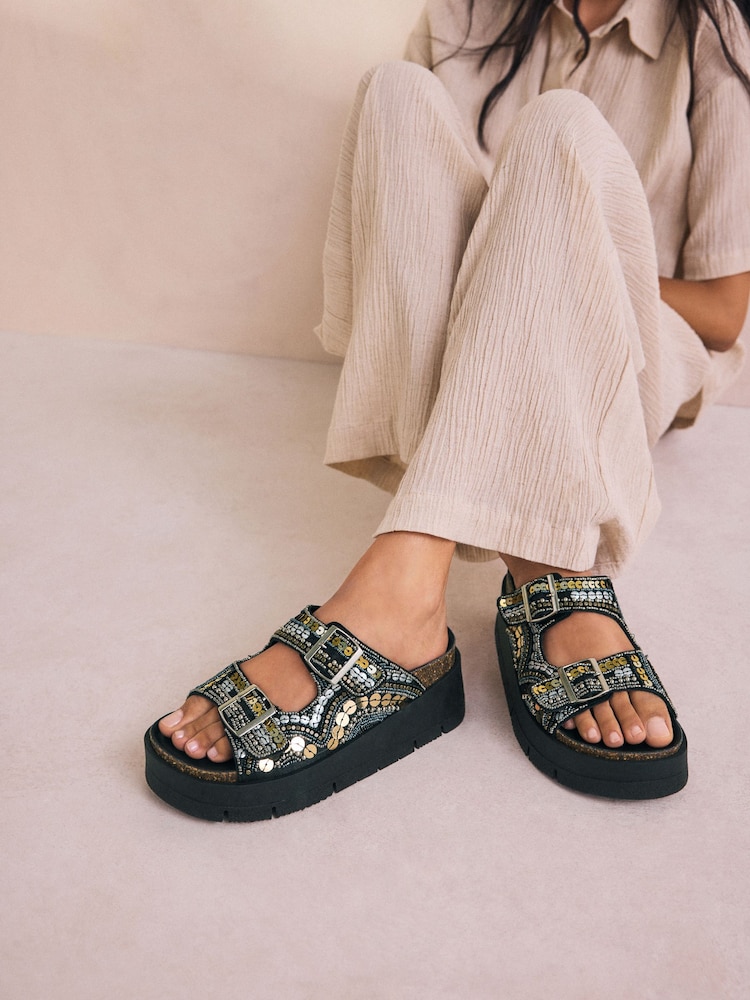 Gold Forever Comfort® Beaded Platform Buckle Detail Footbed Wedge Shoes - Image 2 of 9
