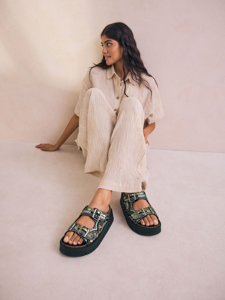 Gold Forever Comfort® Beaded Platform Buckle Detail Footbed Wedge Shoes - Image 3 of 9
