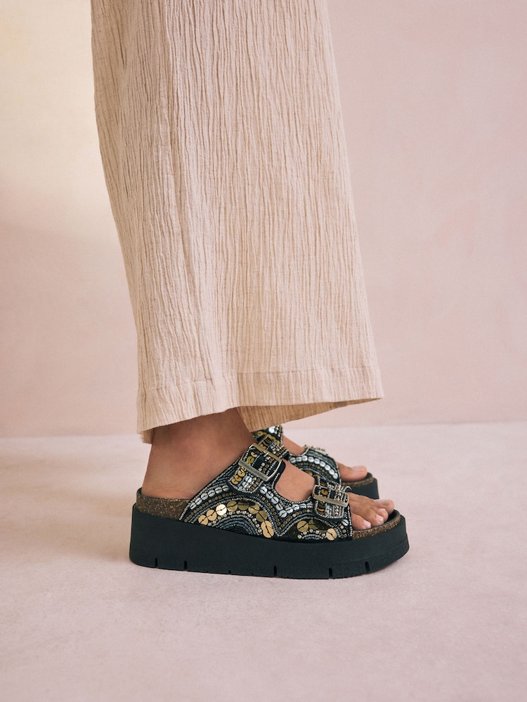 Gold Forever Comfort® Beaded Platform Buckle Detail Footbed Wedge Shoes - Image 4 of 9