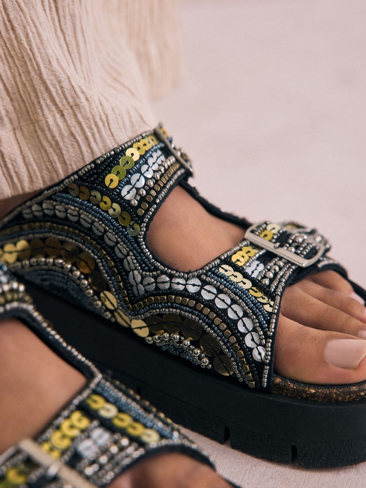 Gold Forever Comfort® Beaded Platform Buckle Detail Footbed Wedge Shoes - Image 5 of 9