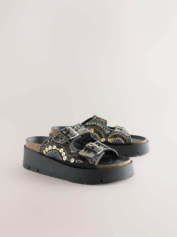 Gold Forever Comfort® Beaded Platform Buckle Detail Footbed Wedge Shoes - Image 6 of 9