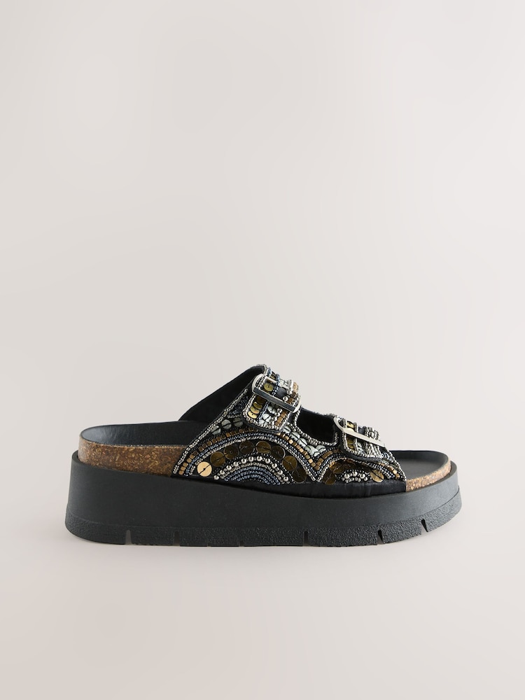 Gold Forever Comfort® Beaded Platform Buckle Detail Footbed Wedge Shoes - Image 7 of 9