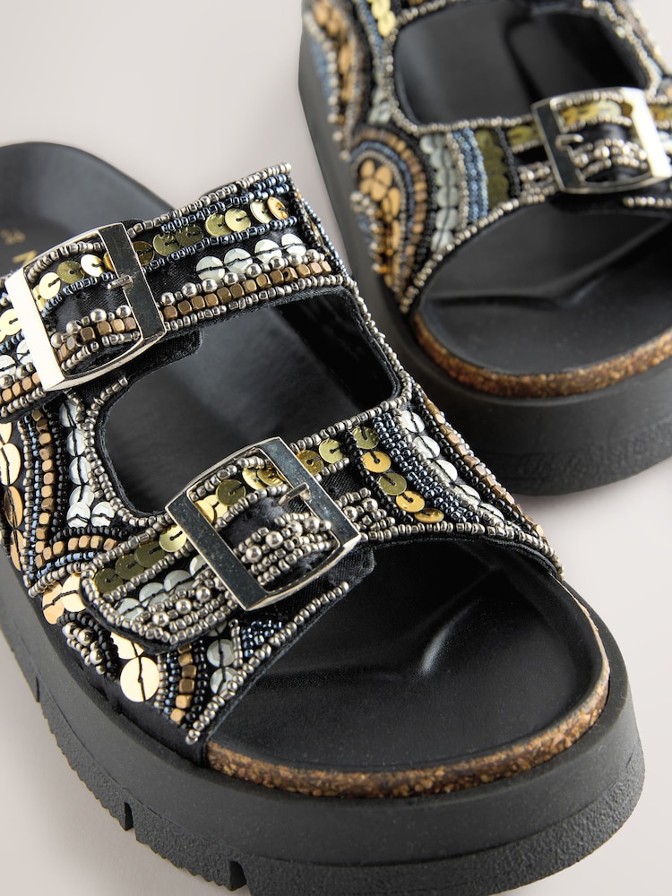 Gold Forever Comfort® Beaded Platform Buckle Detail Footbed Wedge Shoes - Image 8 of 9