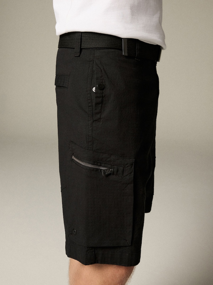 Black Belted Ripstop Cargo Shorts - Image 4 of 7