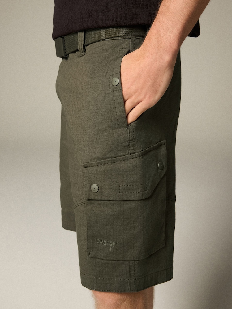 Khaki Green Belted Ripstop Cargo Shorts - Image 5 of 11
