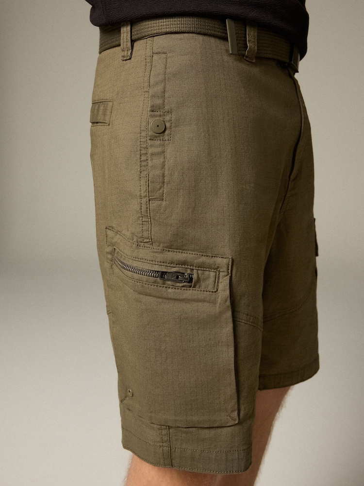 Khaki Green Belted Ripstop Cargo Shorts - Image 6 of 6