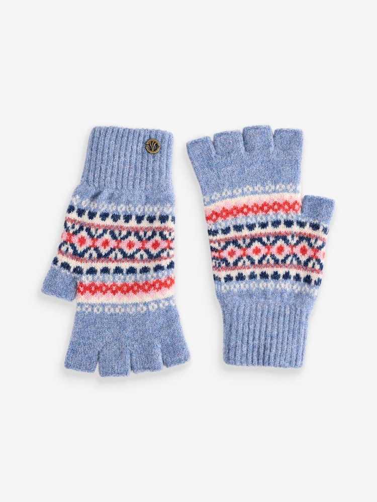 FatFace Blue Lambswool Fairisle Fingerless Gloves - Image 1 of 1