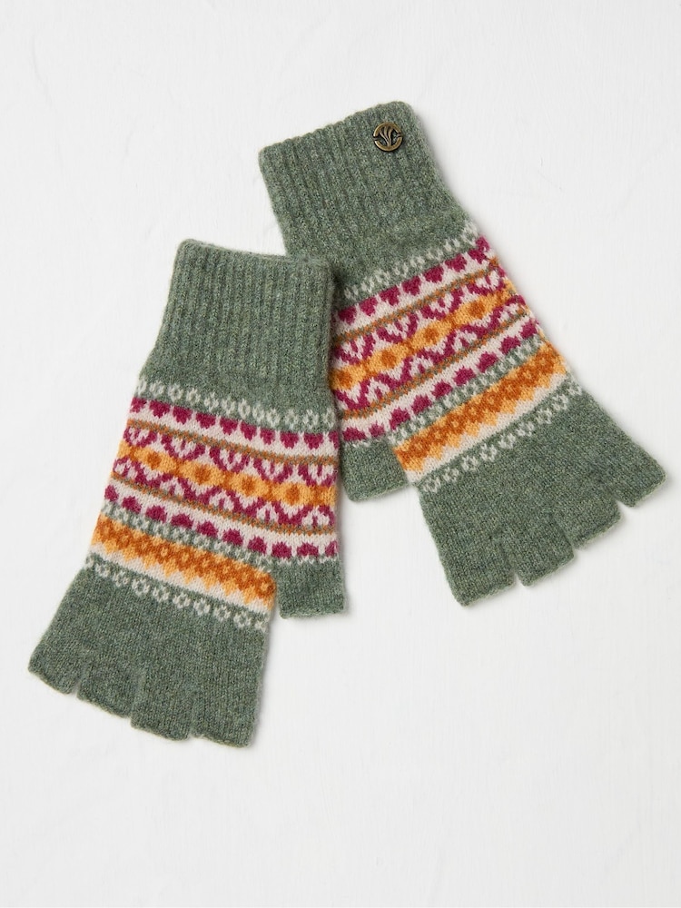 FatFace Green Lambswool Fairisle Fingerless Gloves - Image 1 of 2