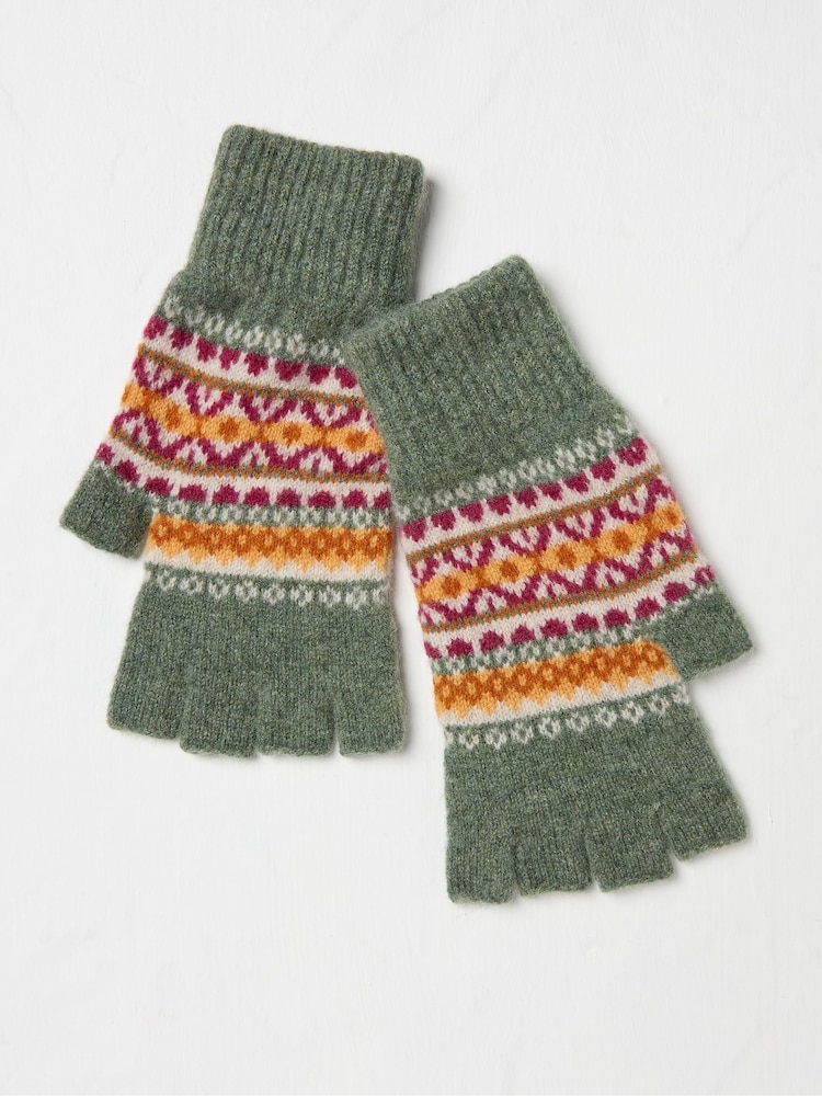 FatFace Green Lambswool Fairisle Fingerless Gloves - Image 2 of 2