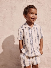White & Blue Stripe Shirt & Short Set 100% Cotton Short Sleeves Revere Collar Textured Shirt & Shorts Set (3mths-7yrs) - Image 1 of 10