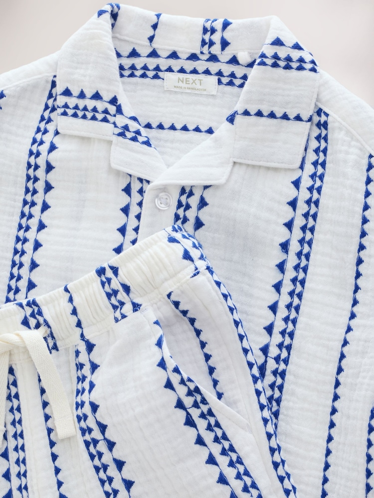 White & Blue Stripe Shirt & Short Set 100% Cotton Short Sleeves Revere Collar Textured Shirt & Shorts Set (3mths-7yrs) - Image 10 of 10
