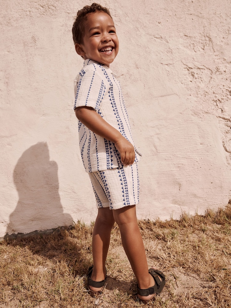 White & Blue Stripe Shirt & Short Set 100% Cotton Short Sleeves Revere Collar Textured Shirt & Shorts Set (3mths-7yrs) - Image 2 of 10