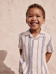 White & Blue Stripe Shirt & Short Set 100% Cotton Short Sleeves Revere Collar Textured Shirt & Shorts Set (3mths-7yrs) - Image 3 of 10