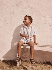 White & Blue Stripe Shirt & Short Set 100% Cotton Short Sleeves Revere Collar Textured Shirt & Shorts Set (3mths-7yrs) - Image 4 of 10