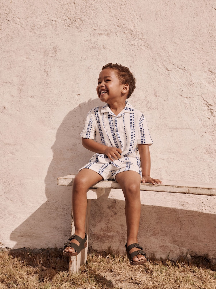 White & Blue Stripe Shirt & Short Set 100% Cotton Short Sleeves Revere Collar Textured Shirt & Shorts Set (3mths-7yrs) - Image 4 of 10