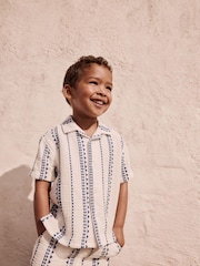 White & Blue Stripe Shirt & Short Set 100% Cotton Short Sleeves Revere Collar Textured Shirt & Shorts Set (3mths-7yrs) - Image 5 of 10