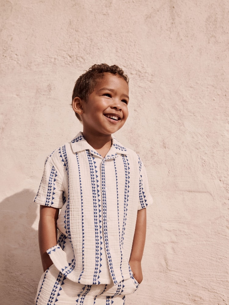 White & Blue Stripe Shirt & Short Set 100% Cotton Short Sleeves Revere Collar Textured Shirt & Shorts Set (3mths-7yrs) - Image 5 of 10