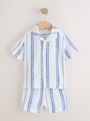 White & Blue Stripe Shirt & Short Set 100% Cotton Short Sleeves Revere Collar Textured Shirt & Shorts Set (3mths-7yrs) - Image 6 of 10