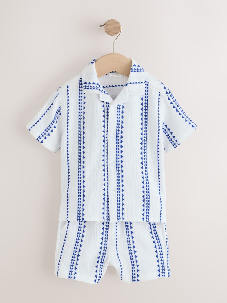 White & Blue Stripe Shirt & Short Set 100% Cotton Short Sleeves Revere Collar Textured Shirt & Shorts Set (3mths-7yrs) - Image 6 of 10