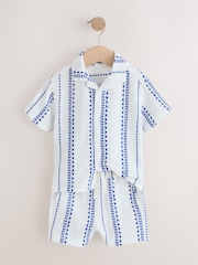 White & Blue Stripe Shirt & Short Set 100% Cotton Short Sleeves Revere Collar Textured Shirt & Shorts Set (3mths-7yrs) - Image 7 of 10
